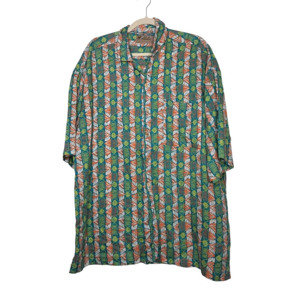 Vintage Aloha Sundays Rayon Geometric All Over Art Button Shirt Hawaiian Surf